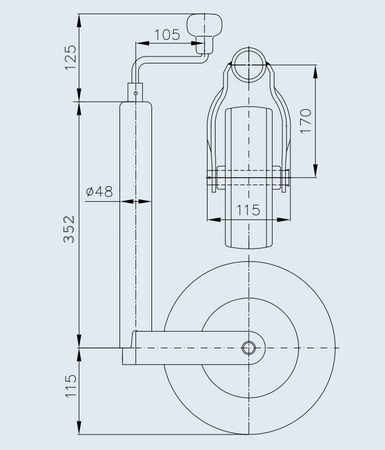 Koło podporowe PRUFTREX Średnica rury 48x2,5 mm obciążenie 200kg Wymiary koła 225x70 mm KPPRUA006