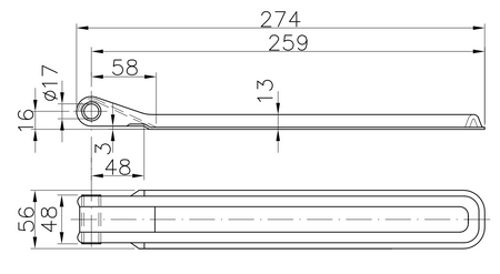 Zawias do burt przyczepy PRUFTREX średnica 16 mm, wymiary 274x56x13 mm, ZWPRUA001