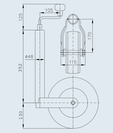 Koło podporowe PRUFTREX średnica rury: 48 x 2.5 mm, obciążenie 150 kg, wymiary koła 260x85 mm, pompowane, KPPRUA007