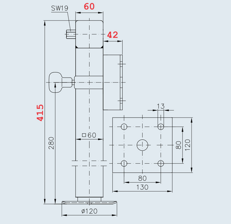 Noga podporowa PRUFTREX uchylna z kołnierzem 42 mm, średnica rury 60 x 4 mm, obciążenie 1300 kg, PNPRUA002