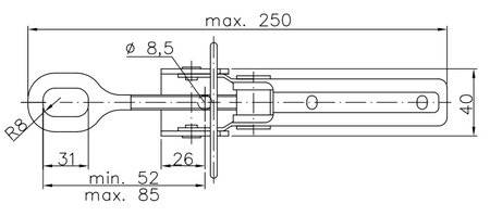 Zamek burtowy PRUFTREX Wymiary 250x40x85 mm Obciążenie 1190kg ZCPRUA002