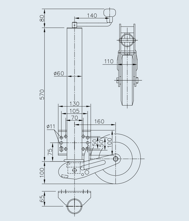 Koło podporowe PRUFTREX automatyczne średnica rury 60x4 mm obciążenie 500kg wymiary 200x60 mm guma KPPRUA004