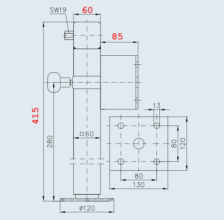 Noga podporowa PRUFTREX  uchylna z kołnierzem 85 mm,  średnica rury 60 x 4 mm, obciążenie 1300 kg, PNPRUA001