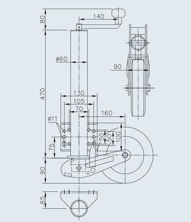 Koło podporowe PRUFTREX automatyczne średnica rury 60 x 4 mm, obciążenie 500 kg, wymiary koła 200x50 mm, pełna guma, KPPRUB002
